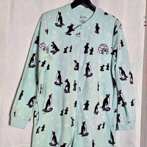 Nick & Nora Mint Green Polka-dots & Winter Penguins One Piece Zip Front Pajamas